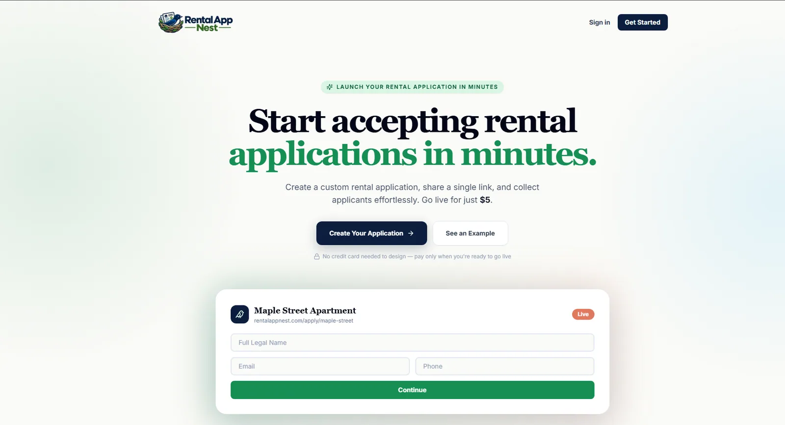 RentalAppNest screenshot: the front door